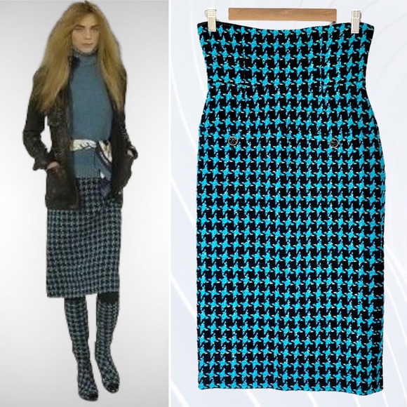 Chanel High Waist Tweed Wool Pencil Skirt Houndstooth Midi in Aqua Size 4 - Picture 1 of 12